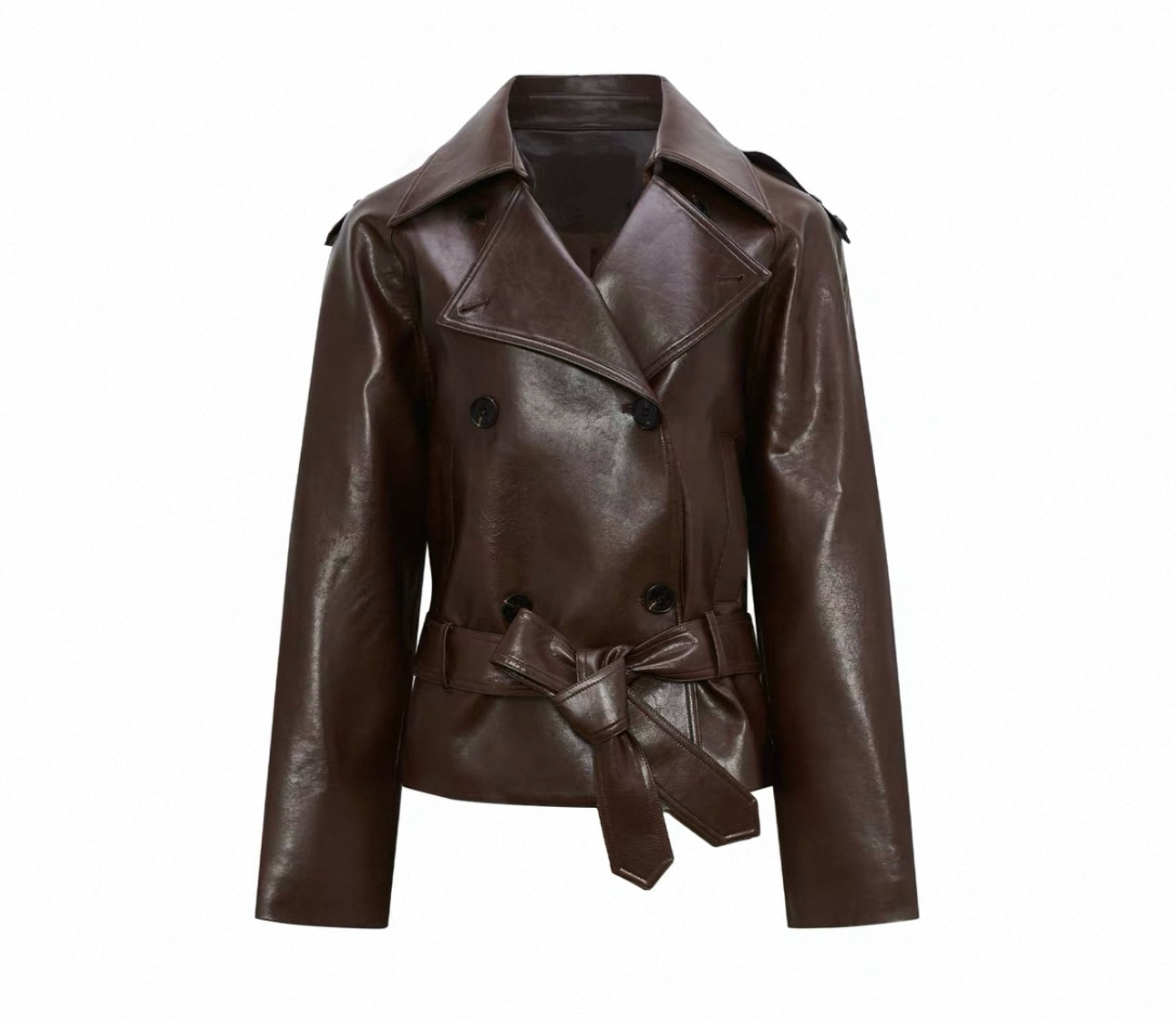 收腰廓形皮衣WEEEECHAN次日早晨 翻领廓形收腰系带环保皮夹克