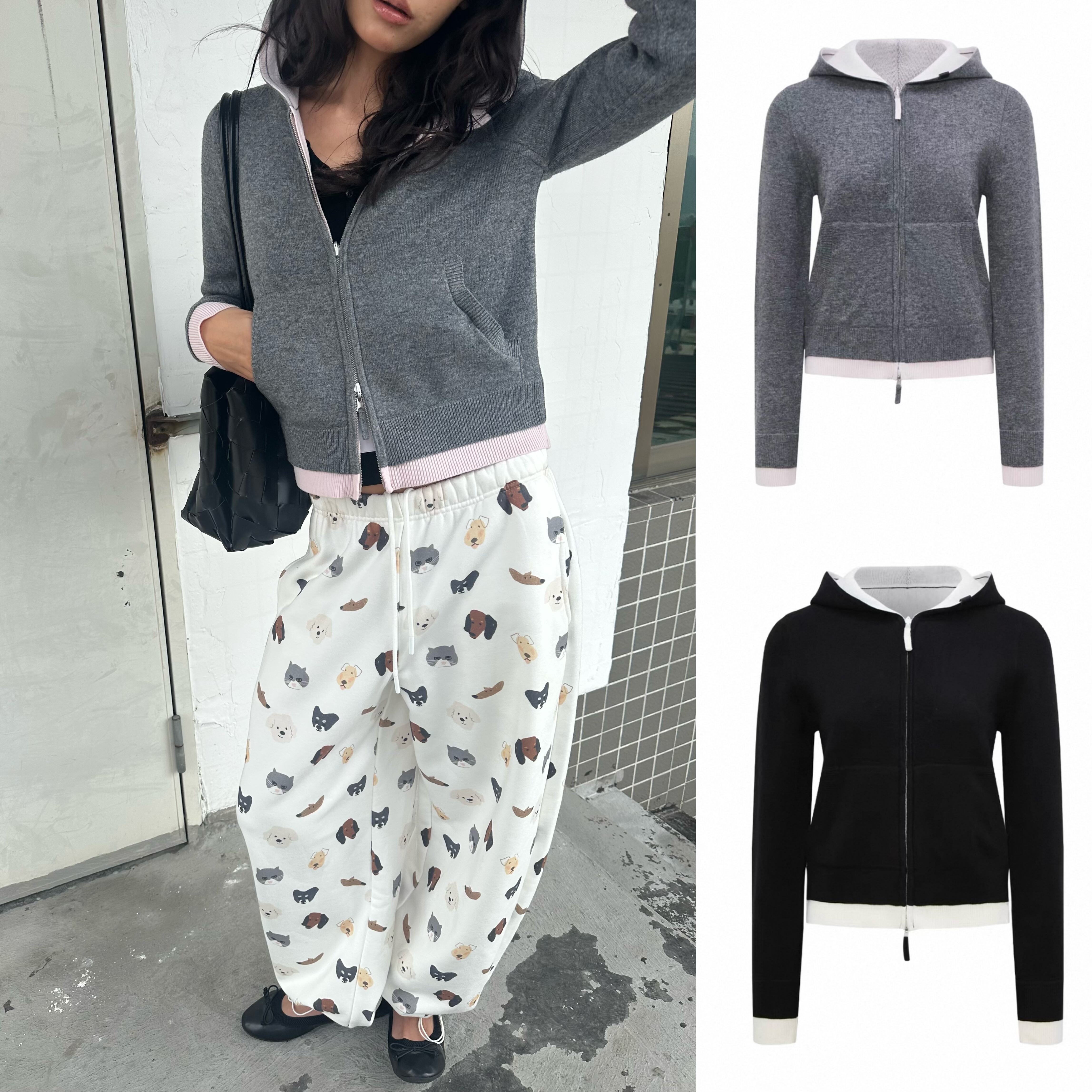 现货 WEEEECHAN次日早晨 正反两穿撞色羊毛混纺连帽针织开衫