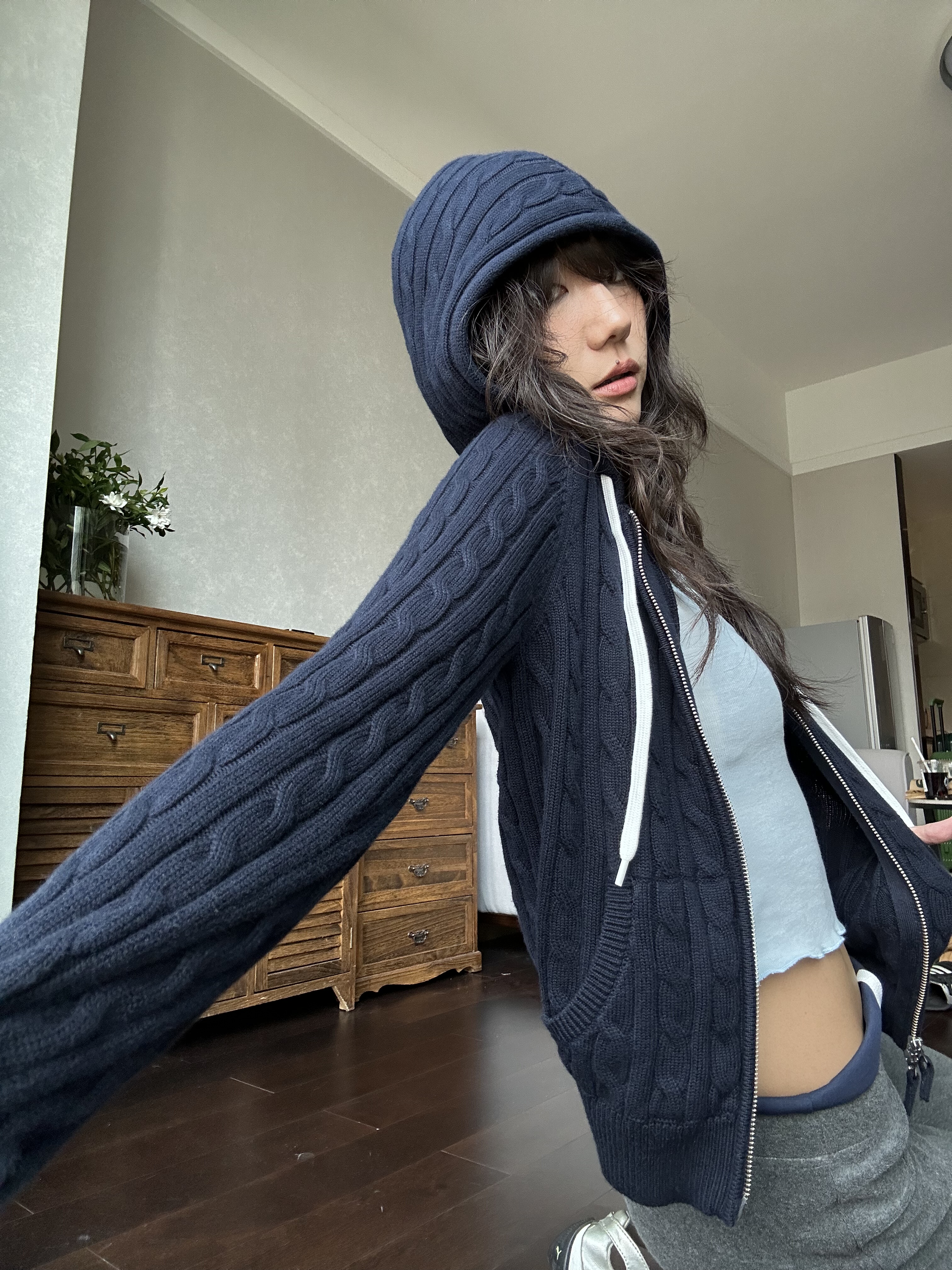 现货 还原WEEEECHAN次日早晨 连帽麻花毛织开衫 藏蓝/糖粉/淡蓝