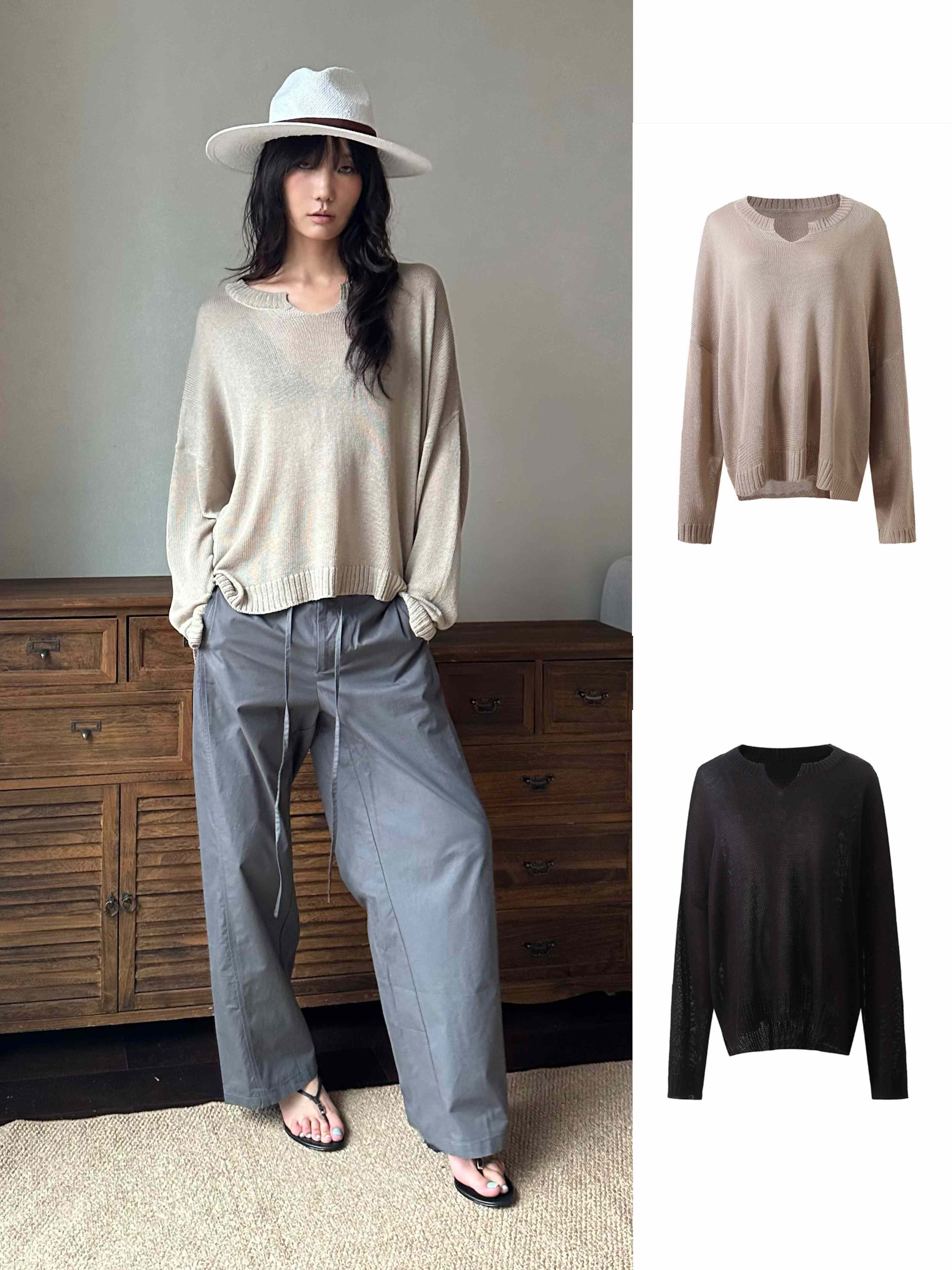 WEEEECHAN次日早晨 V领亚麻薄款不规则针织衫镂空慵懒风罩衫