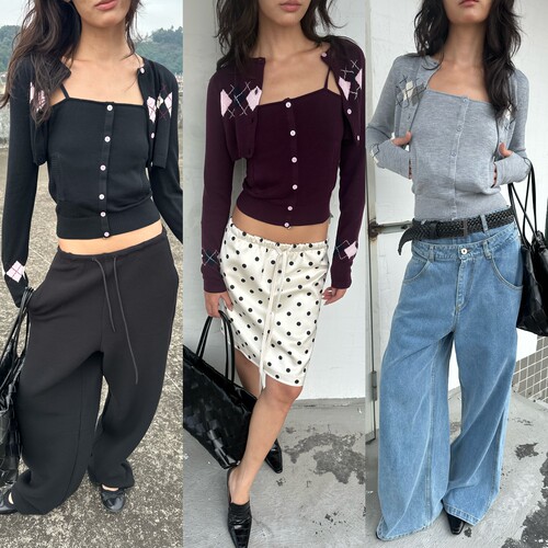 现货 WEEEECHAN次日早晨 菱格纹开衫吊带两件套