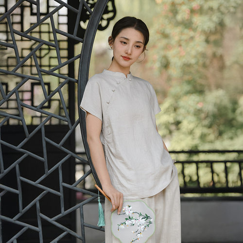 鹿与安笛短袖t恤女2026新款复古文艺风汉麻上衣女高端商场同款中
