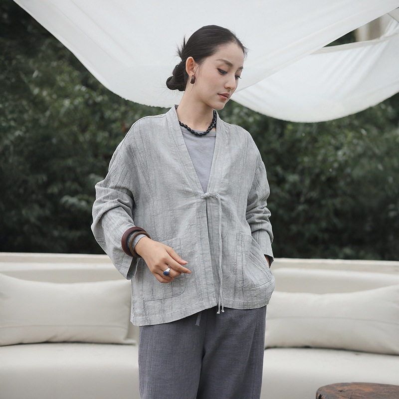 鹿与安笛秋季新款复古中国风棉麻外套新中式苎麻上衣女轻奢高级感