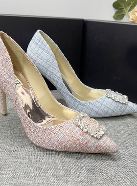 欧美高跟鞋42.43码编制条纹方扣钻饰尖头浅口细跟时装鞋大码单鞋