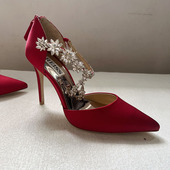 单鞋 36.37.38.39真丝绸面水钻尖头浅口细高跟红色婚鞋 断码 清仓款