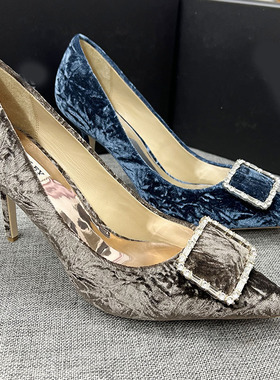 欧美女鞋42.43码印花丝绒真皮水钻方扣尖头浅口细高跟大码单鞋