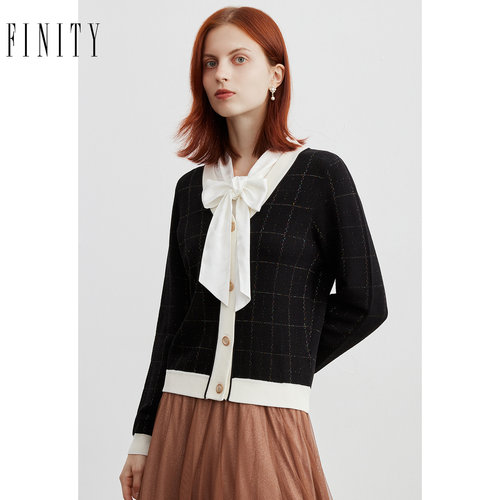 FINITY黑色针织衫冬季法式气质亮丝高端设计感洋气小衫女