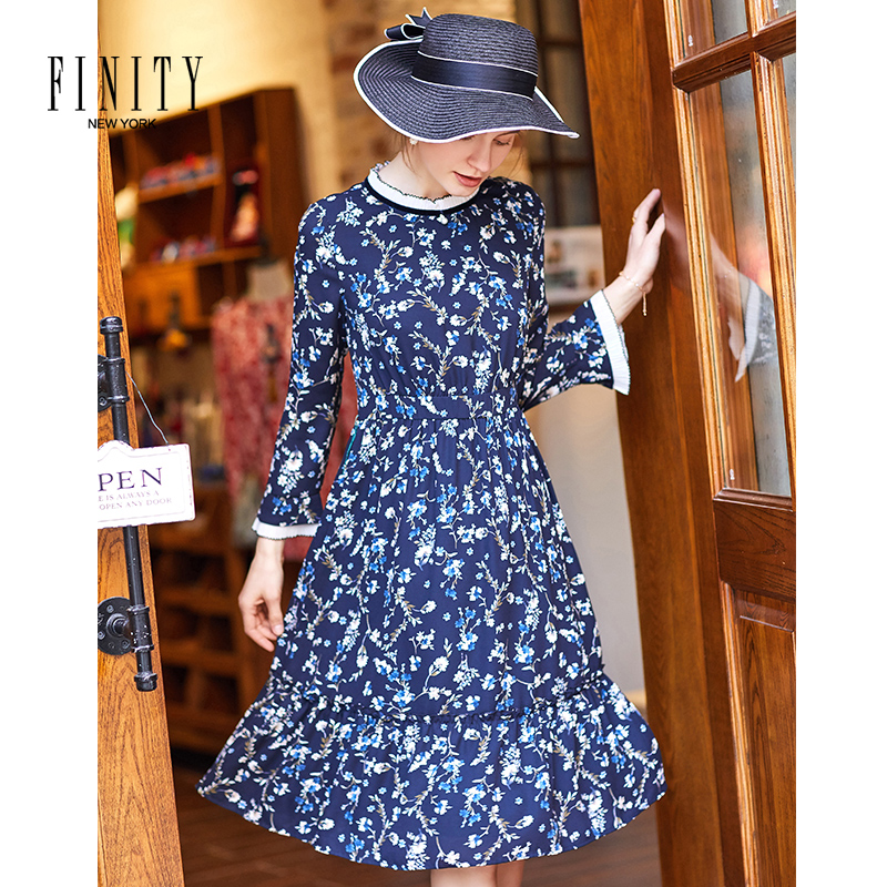 FINITY春款女装女士裙子法式复古收腰显瘦花卉印花连衣裙