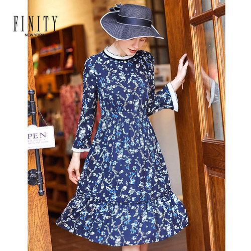 FINITY春款女装女士裙子法式复古收腰显瘦花卉印花连衣裙