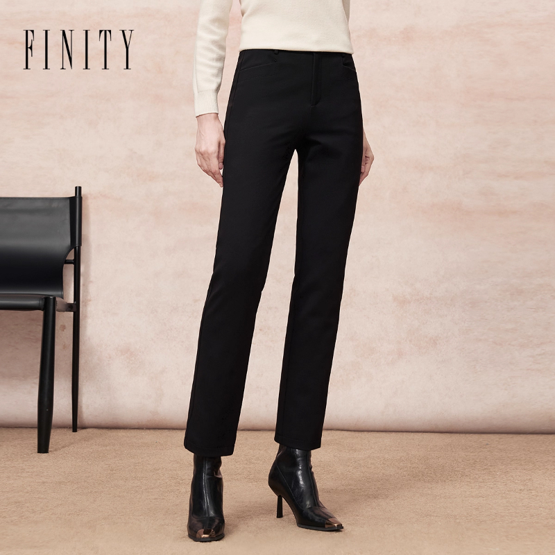 FINITY菲妮迪休闲裤2025年冬季新款简约黑色百搭直筒修身长裤女士