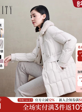 菲妮迪品牌90白鹅绒羽绒服女2025冬季新款收腰保暖毛领中长款外套