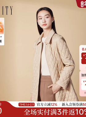 FINITY菲妮迪中长款棉衣棉服2025冬季新款翻领简约格纹保暖外套女