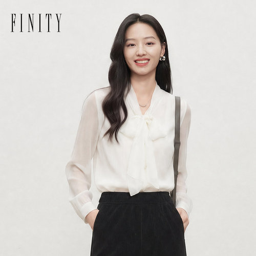 【100%真丝】FINITY菲妮迪衬衫2026秋新款白色系带领衬衣上衣女装