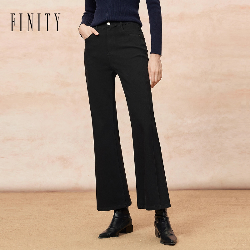 FINITY菲妮迪牛仔裤2025年冬季新款简约黑色窄版微喇休闲长裤子女