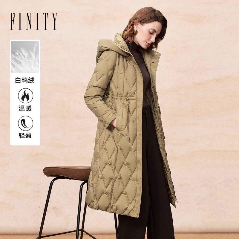 FINITY菲妮迪白鸭绒羽绒服25年冬季新款简约连帽中长款保暖外套女