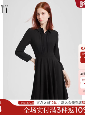 菲妮迪衬衫领连衣裙2025年秋季新款设计感简约气质显瘦小黑裙女