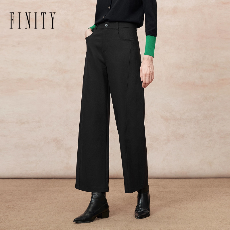 FINITY菲妮迪休闲裤2025冬季新款简约黑色垂感直筒百搭修身长裤女