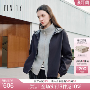 FINITY菲妮迪连帽短外套2026年春季 简约格纹拼接通勤上衣女 新款