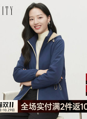 FINITY菲妮迪风衣2026秋季新款藏青连帽落肩袖修身通勤长袖外套女