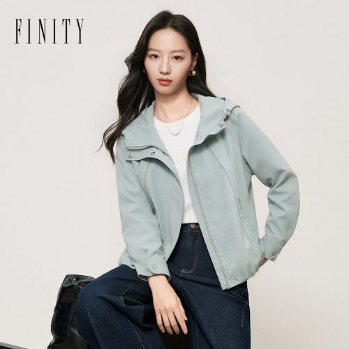 FINITY菲妮迪风衣2026秋新款灰绿色简约连帽宽松通勤短款外套女装