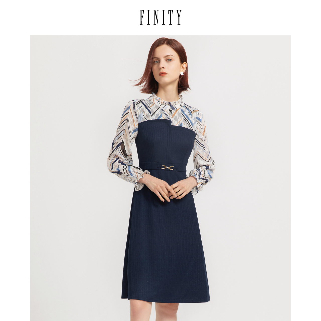 FINITY2023春装印花拼接连衣裙女气质设计感长袖中长款裙子