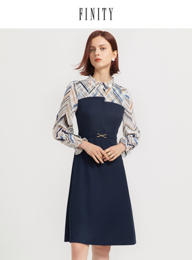 FINITY2023春装印花拼接连衣裙女气质设计感长袖中长款裙子