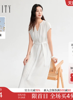 FINITY菲妮迪亚麻连衣裙26夏季新款简约V领系带连肩袖白色长裙女