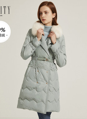 FINITY冬季羽绒服女女式白色毛领中长款冬季保暖鸭绒外套