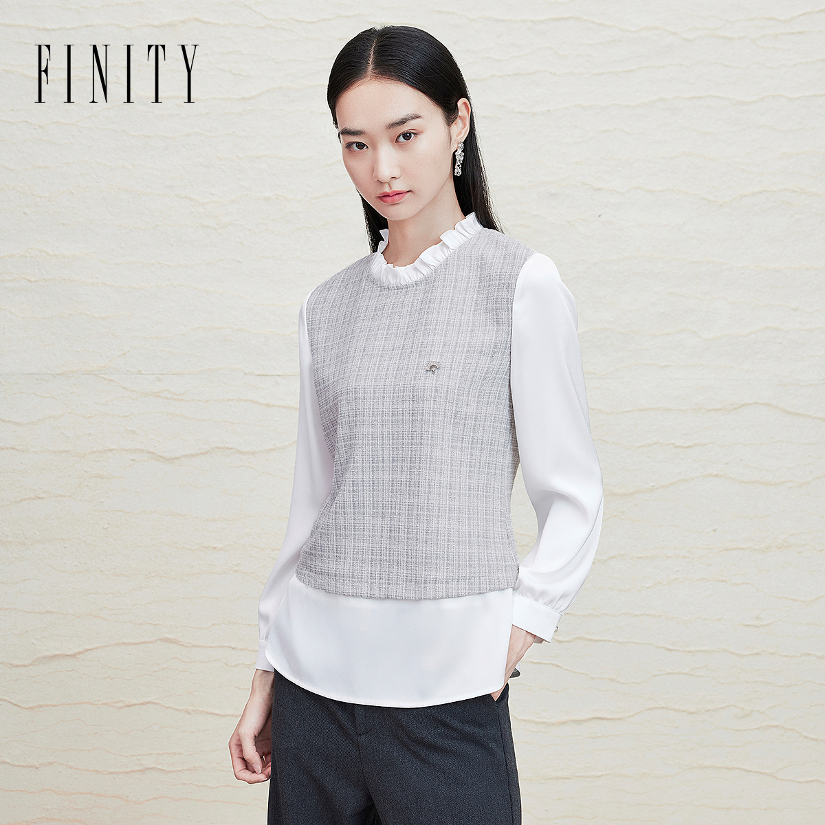 FINITY菲妮迪假两件雪纺衫2025春秋季新款拼接木耳边领名媛上衣女