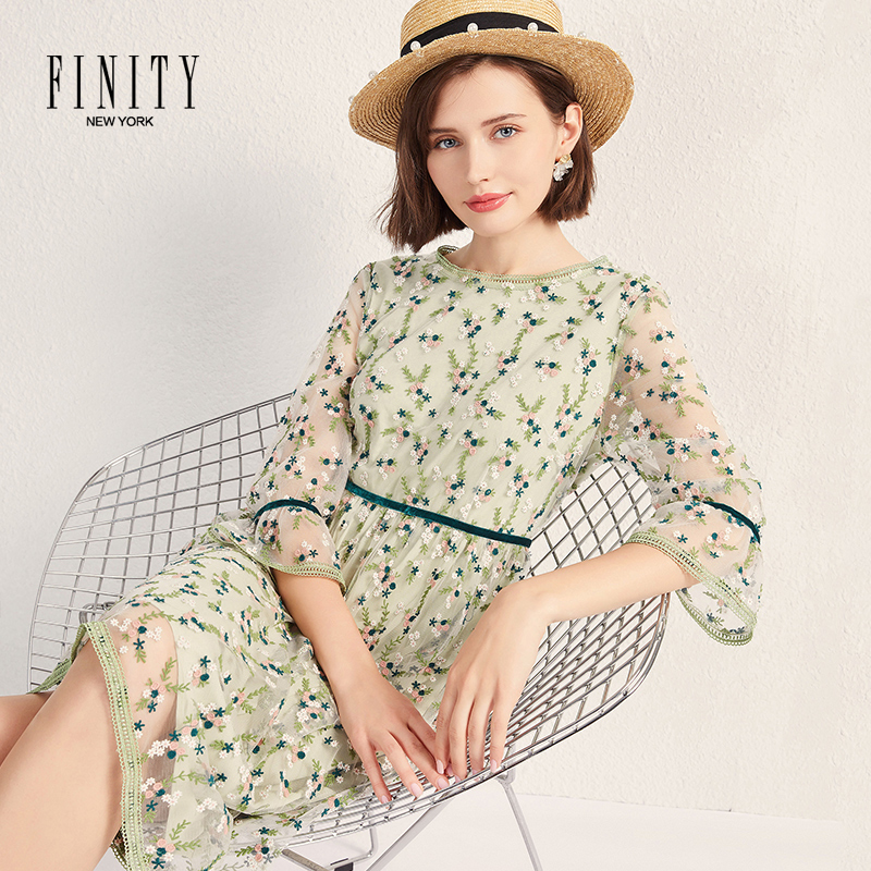 FINITY秋装女士流行裙子性感收腰显瘦气质法式碎花连衣裙