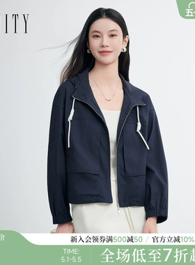 FINITY菲妮迪风衣2026年春季新款简约连帽藏青色通勤百搭上衣女装