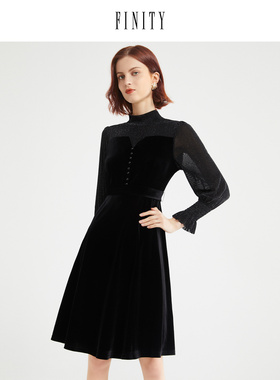 FINITY冬季丝绒连衣裙女显瘦气质长袖假两件裙子小黑裙