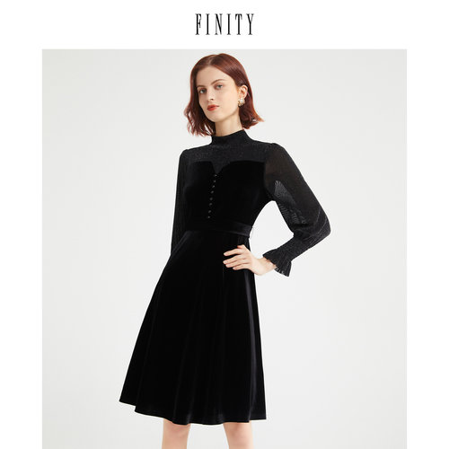 FINITY冬季丝绒连衣裙女显瘦气质长袖假两件裙子小黑裙