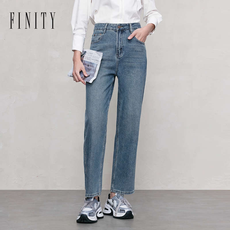 FINITY菲妮迪牛仔裤2025年冬季新款简约蓝色棉质宽松直筒长裤女士