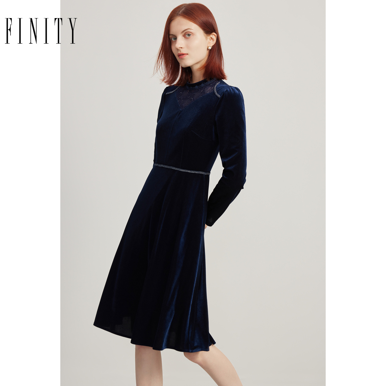 FINITY女装藏青色连衣裙2023春季法式高端名媛气质优雅裙子女