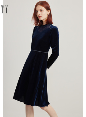 FINITY女装藏青色连衣裙2023春季法式高端名媛气质优雅裙子女