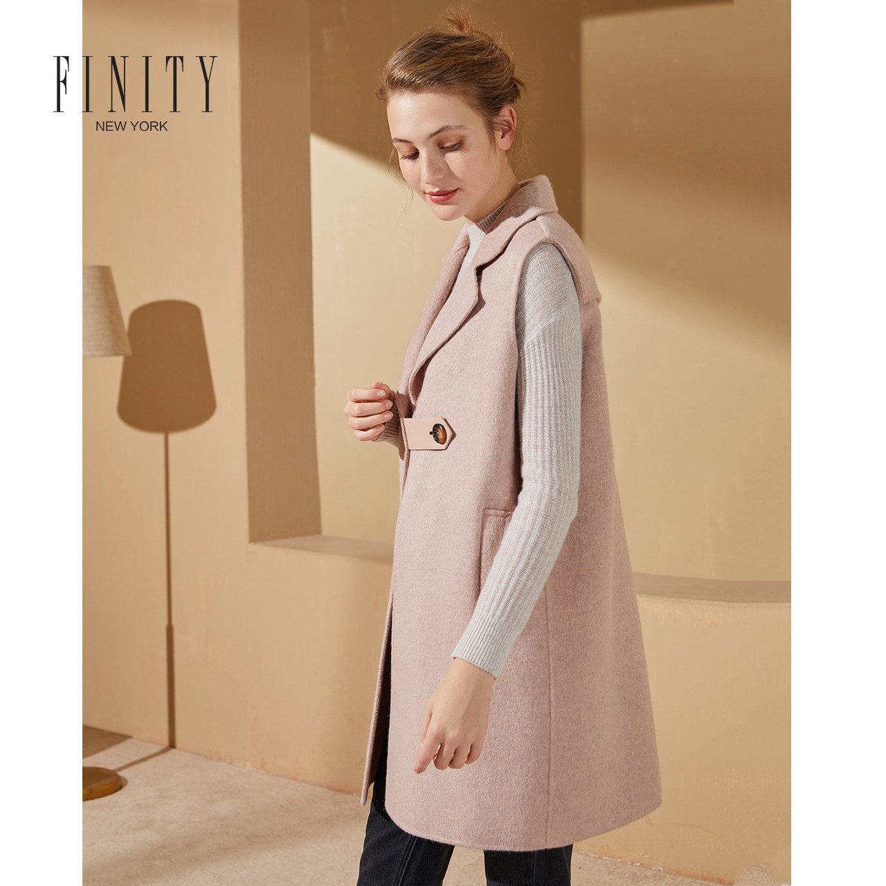 FINITY马夹冬装宽松无袖中长款毛呢外套背心马甲外穿
