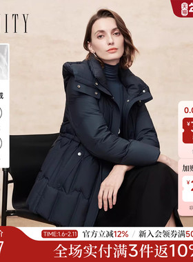 FINITY菲妮迪90绒羽绒服2025冬季新款简约气质连帽长款保暖外套女