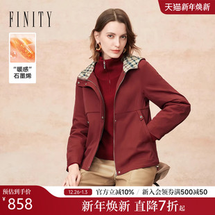 FINITY菲妮迪短外套2025冬季 简约红色格纹通勤保暖棉服棉袄女 新款