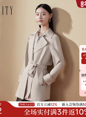FINITY菲妮迪大翻领风衣2025冬季新款简约系带中长款通勤外套女