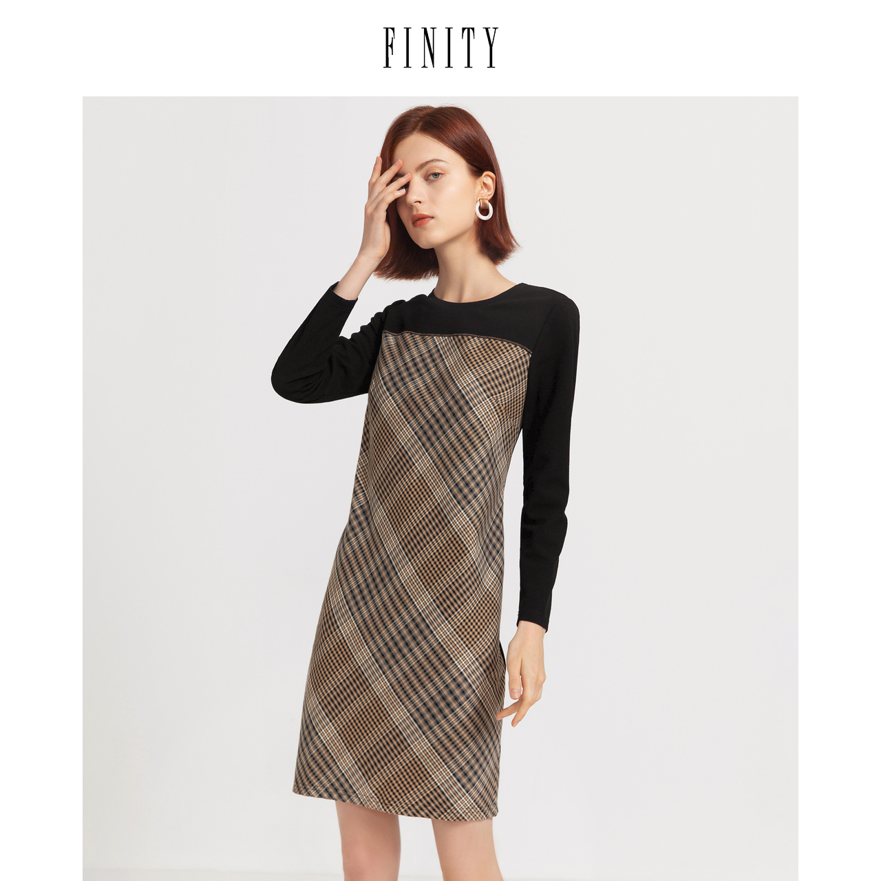 FINITY秋装格子拼接针织连衣裙女小香风中长款裙子女