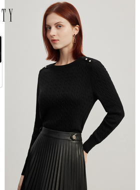FINITY女装黑色针织衫2024春季简约打底衫女别致显瘦毛衣