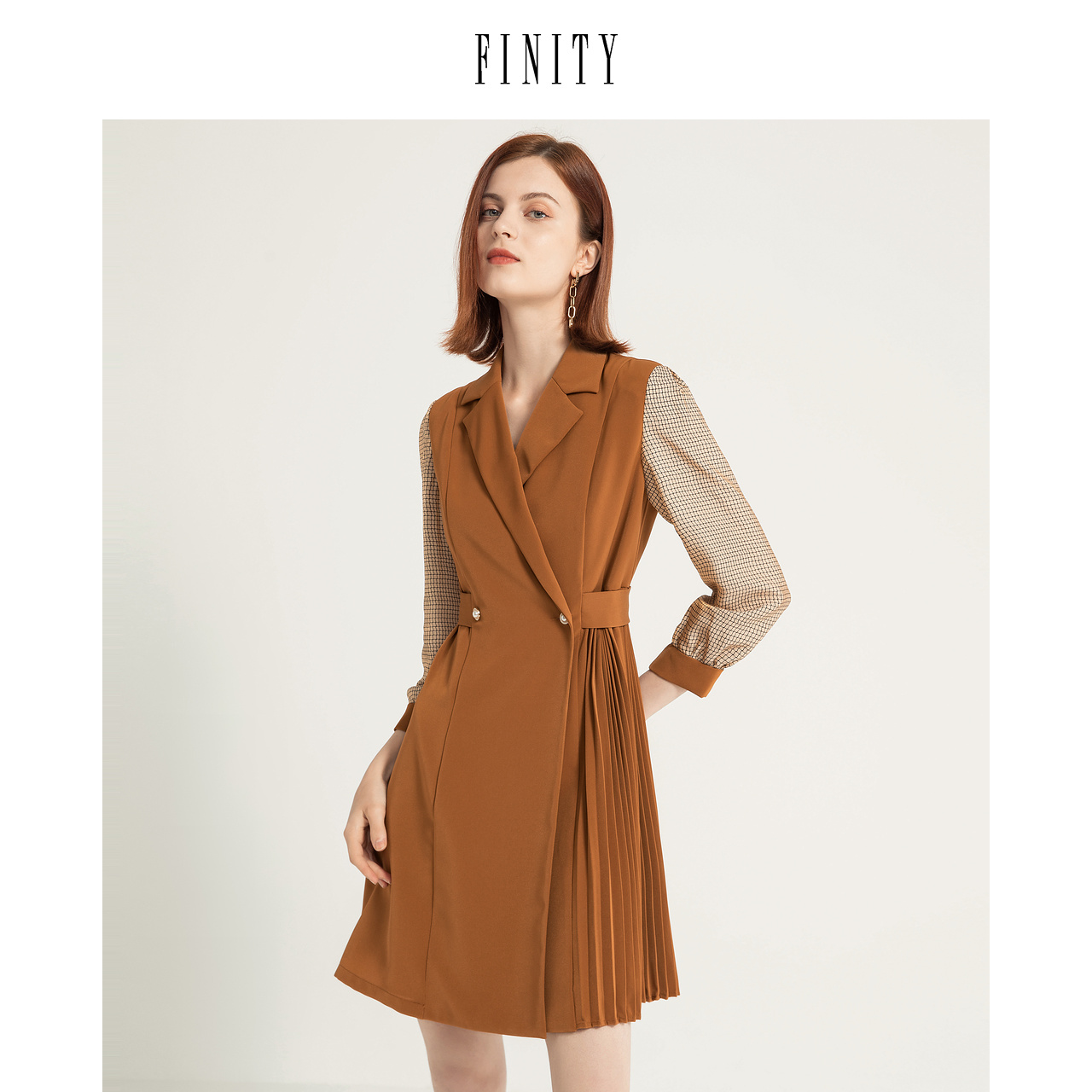 FINITY2023春装拼接气质连衣裙女V领收腰宽松中长款裙子女