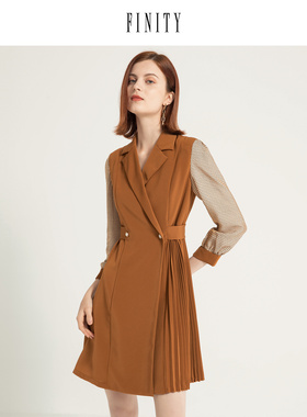 FINITY2023春装拼接气质连衣裙女V领收腰宽松中长款裙子女