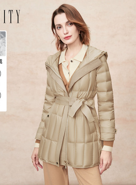 FINITY菲妮迪白鹅绒羽绒服2025年冬季新款简约连帽系带保暖外套女