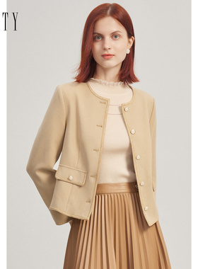FINITY小香风短外套冬季卡其色名媛气质修身圆领上衣女