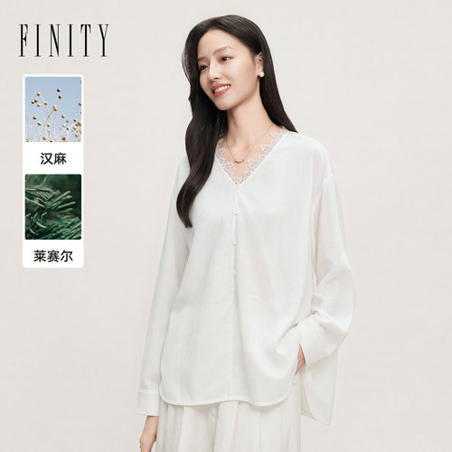 【莱赛尔纤维】FINITY菲妮迪亚麻雪纺衫2026秋新款蕾丝V领上衣女