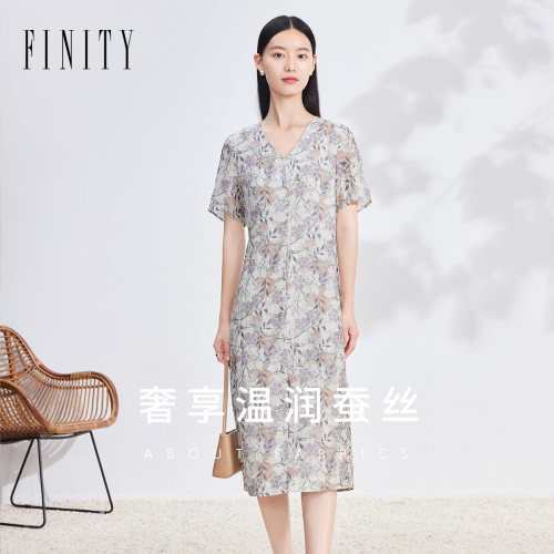 菲妮迪新款桑蚕丝印花连衣裙子