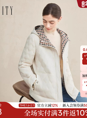 FINITY菲妮迪短外套2025冬季新款简约格纹气质连帽保暖棉服外套女