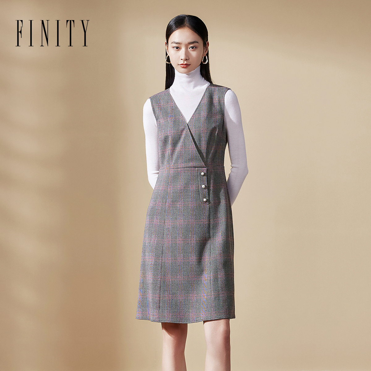 FINITY菲妮迪无袖连衣裙2024年冬季简约复古格纹气质裙子女